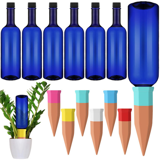 SiliFine 6 Sets Plant Watering Devices Include Terracotta Self Watering Spikes and 26 oz Plastic Bottles, Slow Release Vacation Insert Automatic Plant Waterer Device (Blue and Mixed Color)