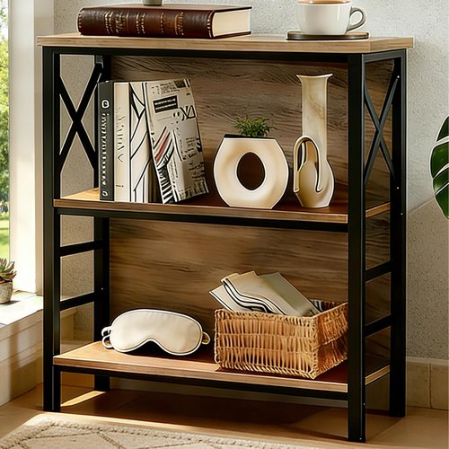 MNEETRUNG Book Shelf, Small 3-Tier Industrial Bookshelf with Strong Metal Frame & Backboard, 29.5" Short Bookcase for Small Spaces, Living Room, Bedroom and Home Office, Brown