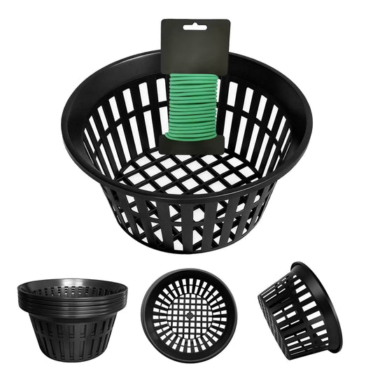 Gyfofix 5 Pack 11 Inch Heavy Duty Hydroponic Net Pots, Black Strong Plastic Slotted Mesh Baskets for Orchids, Staghorn Ferns and Airy Grid Planters, with Support Wire