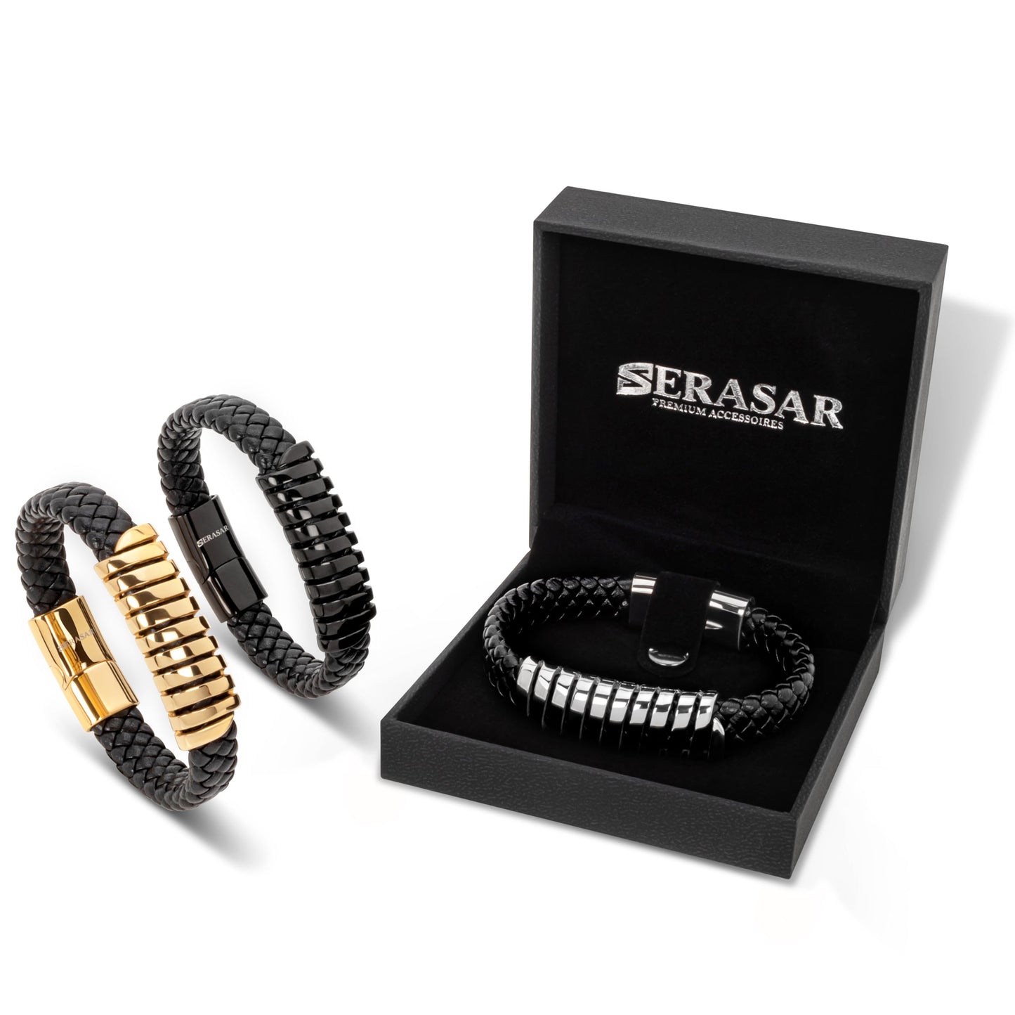 SERASAR Mens Silver Bracelets 23cm Bracelet Men Gift Box Genuine Leather Cowhide Braided Magnetic Clasp Multi Layer Wrap Rope Man Mans Male Band Jewelry Magnet Accessories
