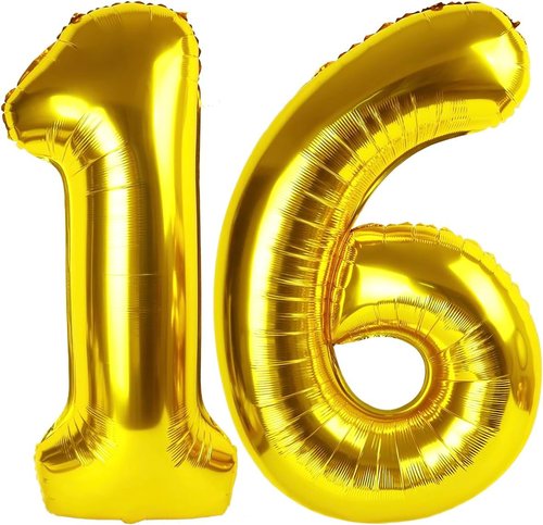 Gold Number 16 Balloon - 40 Inch Golden Birthday Decoration for 16th Party Supplies