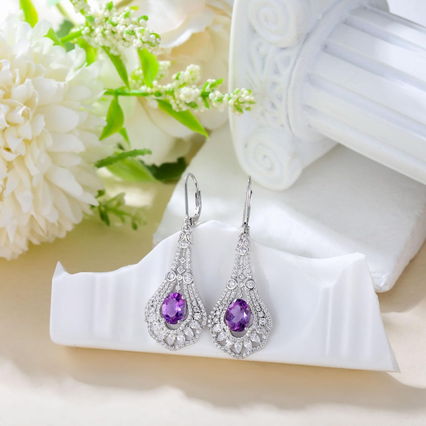 Lvoryance 1.5CT Genuine Amethyst Earrings 925 Sterling Silver 6mm * 8mm Oval Cut Purple Amethyst Drop Earrings for Women