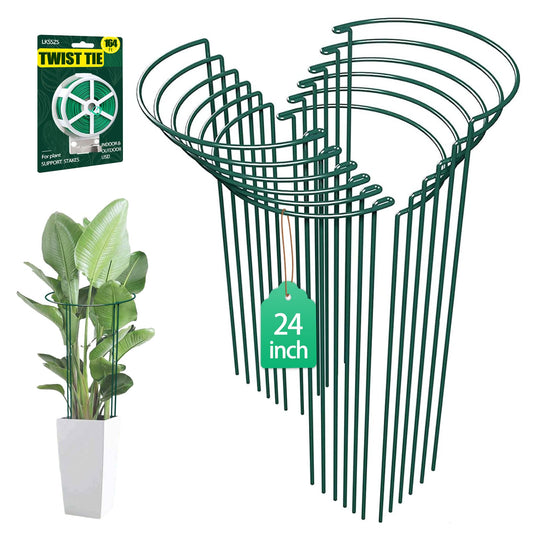 LKSSZS 12 Pack 24 inch Plant Support Stakes, Half-Round Metal Garden Flower Stakes, Large Peony Support Ring and Cage for Indoor and Outdoor Plants, Hydrangea, Tomato, Rose, Monstera with Plant Ties