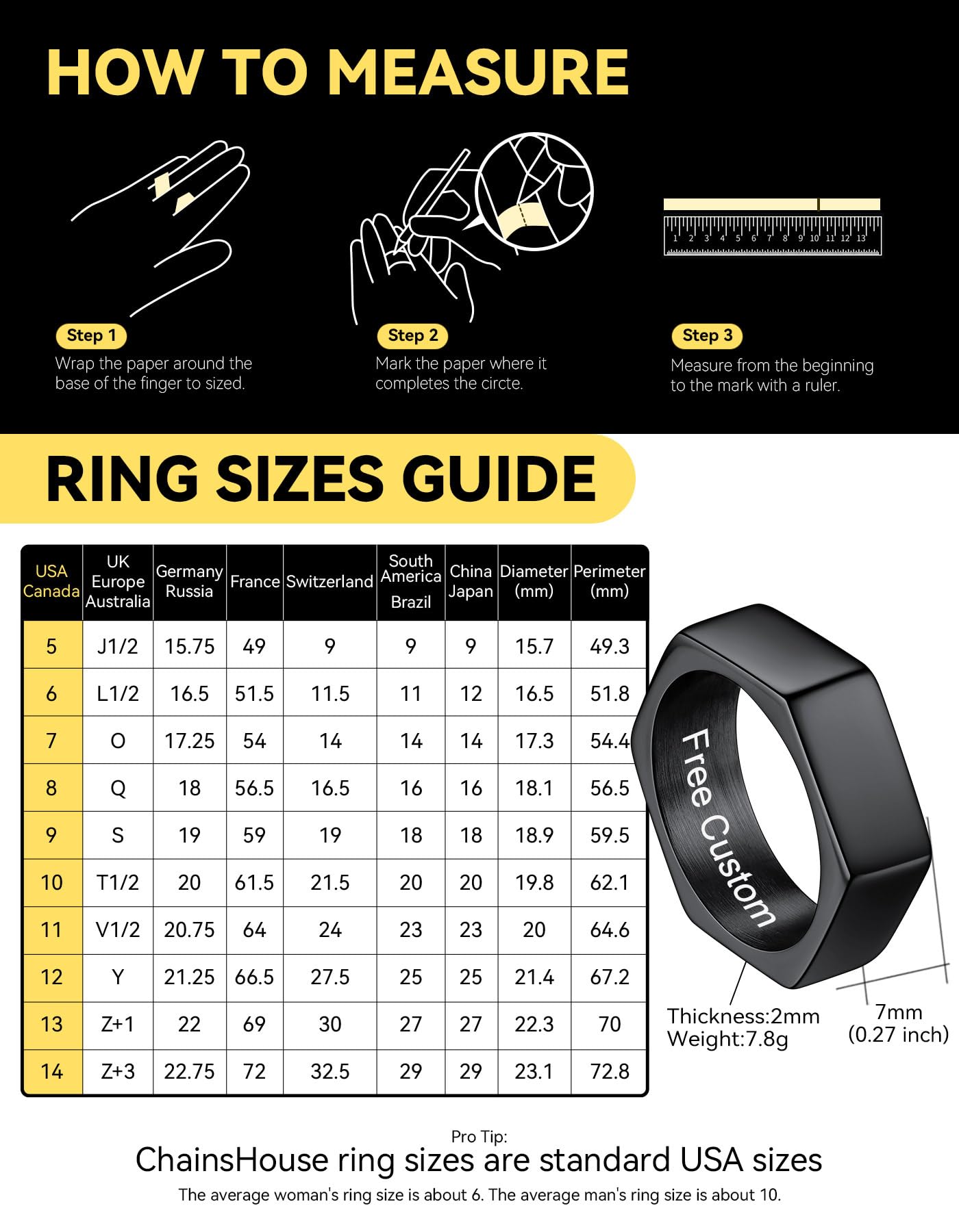 ChainsHouse Personalized Engravable Stainless Steel Black Hexagon Geometric Biker Ring Bands, Size 12