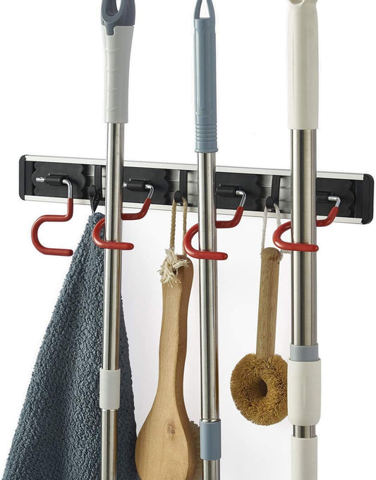 Skiennix Wall Mounted Mop and Broom Holder - Stainless Steel S-Type Organizer | 17-Inch, 4 Positions, 3 Hooks, Red/Black
