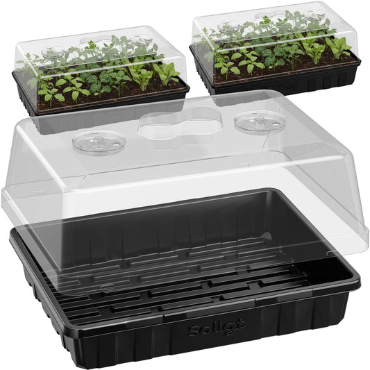 SOLIGT [Thick Plastic] 3-Set Strong Seed Starter Trays with 5" Humidity Domes for Seed Starting, Germination, Seedling Propagation & Plant Growing, Holds 144 Cells in Total