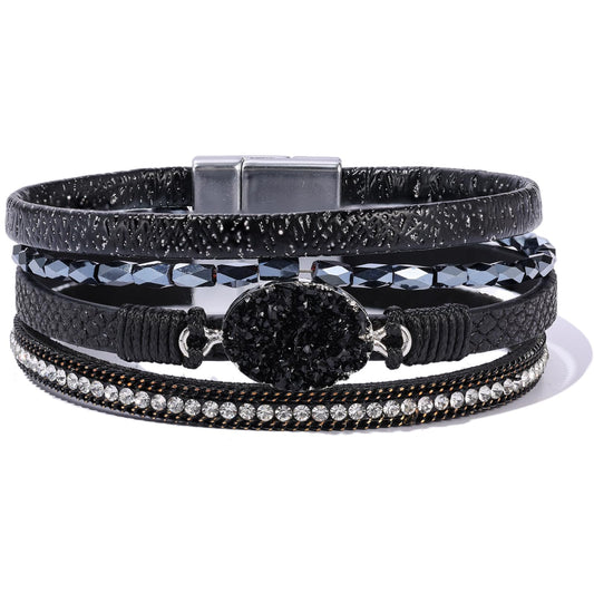 Becklynn Boho Leather Wrap Bracelets Beaded Crystal Stackable Cuff Bracelet with Magnetic Clasp Cowboy Cowgirl County Concert Outfits Western Jewelry Gifts for Women(Stone Black)