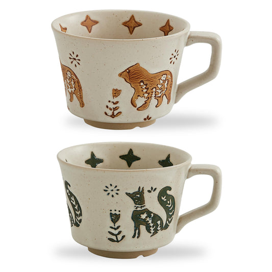 Swuut 12oz Vintage Ceramic Coffee Mug Set of 4 - Handmade Stoneware Pottery Countryside Farmhouse Fall Autumn Tea Mugs with Big Handle for Latte,Cocoa,Dishwasher & Microwave Safe Cups (Animals)