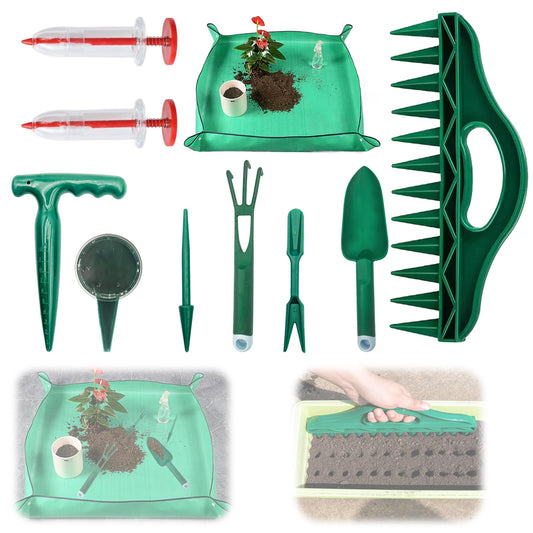 2026 Upgraded All-in-One Gardening Tool Kit: Thickened Repotting Mat, 12-Hole Punch Tools, Handheld Seed Planter & Spreader, 10 Pcs for Precise Sowing Indoor/Outdoor Ideal Gift for Planting Enthusiast