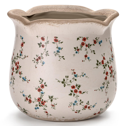 behen bahen Vintage Ceramic Planter Pot with Drainage Holes, Green Floral Design, 6.11 Inch, Distressed Tuscan Style, Indoor Plant Pot and Vase (Small Red Blooms)