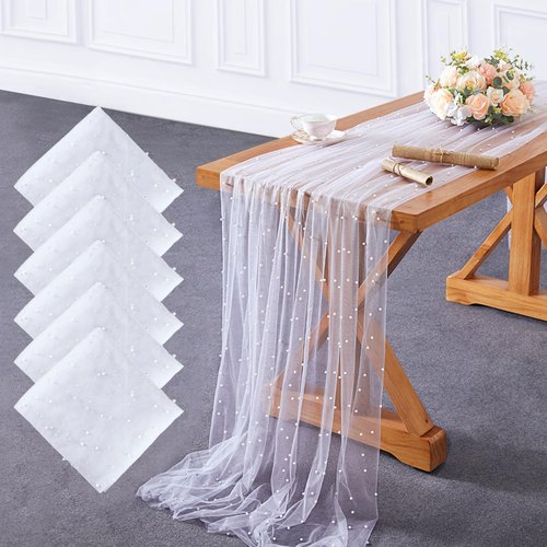 6 Pack 60x120Inch White Pearl Table Cloth Sheer Tulle Tablecloth Bridal Veil Tablecloths Tulle Fabric Table Cover for Wedding Bridal Shower Birthday Party Decor 10ft