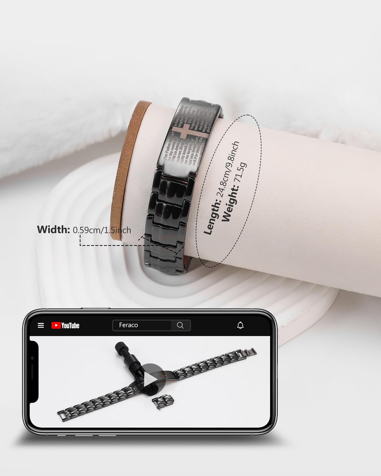 Feraco Copper Cross Bracelet for Men,99.99% Pure Copper Magnetic Therapy Bracelets with 46 Magnets（Black）