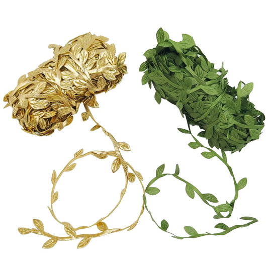2 PCS Leaf Ribbons 43.7 Yard, lyfLux Leaves Leaf Ribbon Trim Rope, for for DIY Crafts, Wedding, Home Decor (Gold+Green)