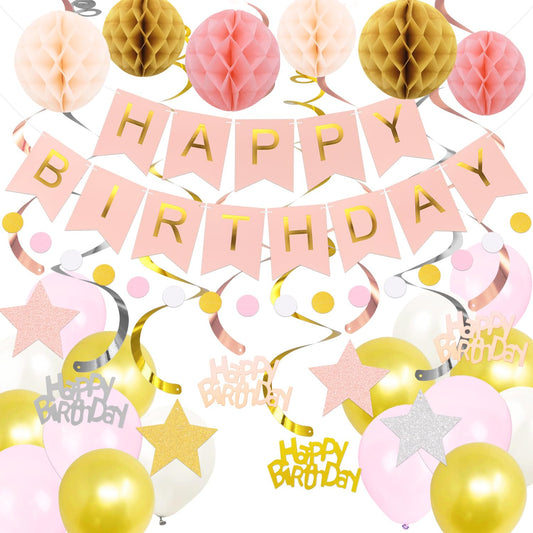 Birthday Decorations, NO DIY, Pre-Strung Happy Birthday Banner with Honeycomb Balls, Metallic paper Hanging Swirls Streamers, Circle Dots Garland, Party Paper Bunting for Women Men Boys Girls(Pink)
