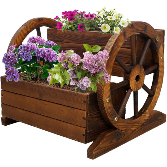 EASTALOLO Wooden Wagon Planter Box, Premium 2-Tier Garden Planter with Wheels, Decorative Planter for Flowers, Herbs & Vegetables, Ideal for Indoor & Outdoor Patio, Garden, Balcony Décor