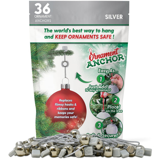 ORNAMENT ANCHOR Ornament Hooks for Hanging Christmas Decorations - No-Slip Hanging Hooks for Xmas - Heavy Duty Christmas Tree Ornaments Hanger Hooks for Large 36 Silver