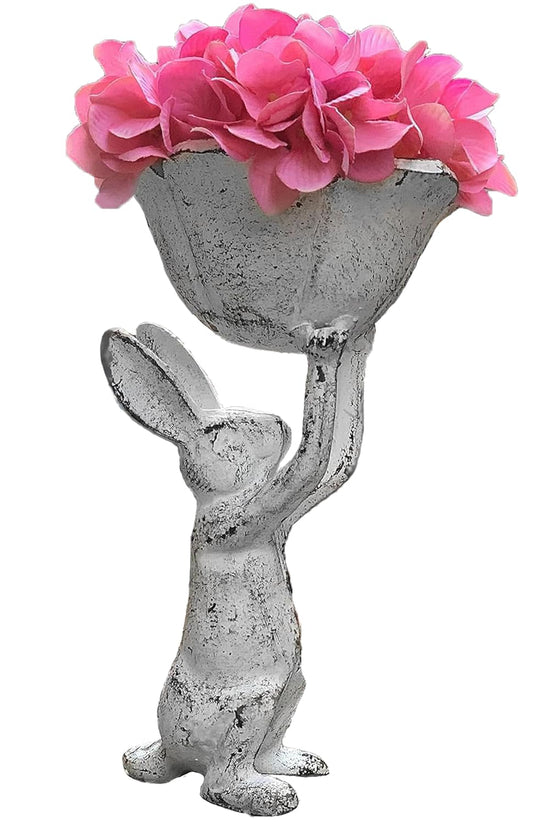 Antique White Cast Iron Rabbit with Flower Bird Feeder - 6 Inch Plant Pot or Feeder - (Cute Planter for Garden Decor for Outside)