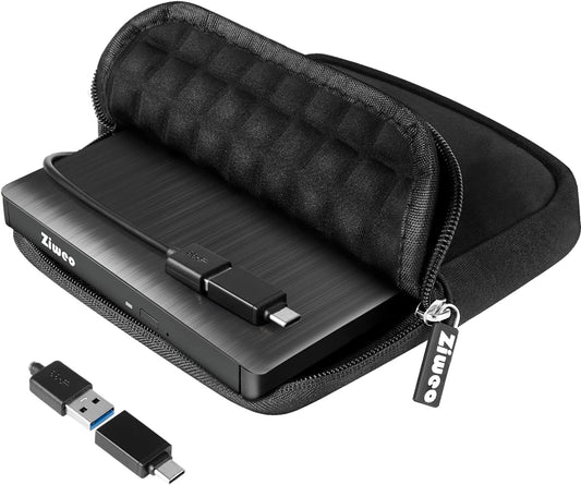 Ziweo 3.0 External USB Type-C CD DVD +/-RW Drive - Portable CD ROM Reader & DVD Burner with Protective Carrying Case
