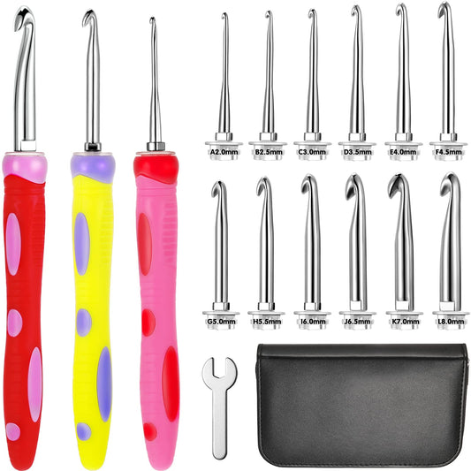 12 Sizes 2.0 mm to 8 mm Crochet Hooks Set, 3 Pcs Soft Grip Ergonomic Interchangeable Handle Crochet Hooks Beginner Knitting Kit Gift for DIY Crafts Knitting Tools