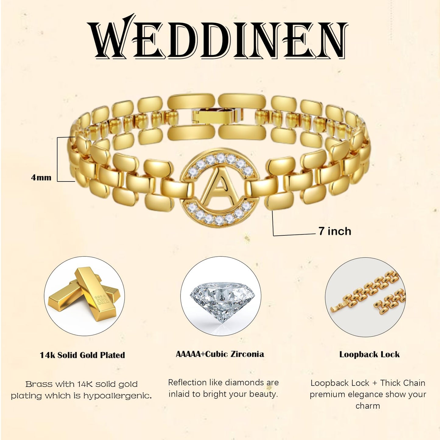WEDDINEN Initial Bracelet,14K Gold Plated Letter Bracelets for Women, Thick Bangle Wrist Gold Alphabet Bracelet for Women, Christmas Gifts for Women Jewelry Initial Z Charm Chain