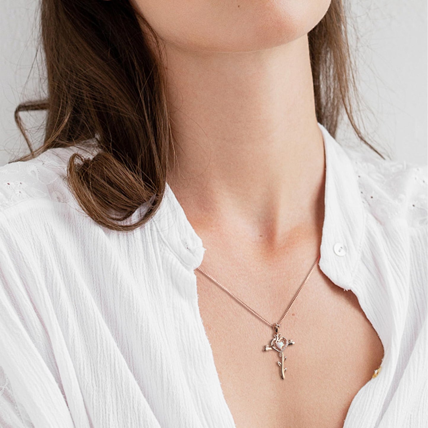 STARCHENIE Rose Cross Necklace, 925 Sterling Silver 14K Rose Gold Plated, Created Opal Heart Pendant, Crucifix Jewelry Gift for Women