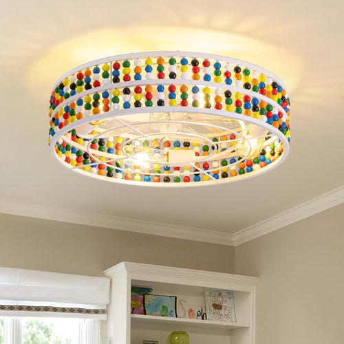 MOOONICHE 19" Boho Fandelier Ceiling Fan with Light and Remote Control Wood Beaded Flush Mount Chandelier Fan 6 Speeds Low Profile Bladeless Ceiling Fan for Bedroom Living Room Nursery