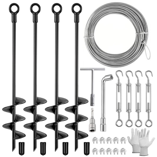 Fabulas 4 Pack 18" Ground Anchors Shed Anchor Kit with 50ft Galvanized Cable & 4 Pack Turnbuckles, Heavy Duty Ground Anchor Screw in Spiral Auger Earth Stakes for Shed Trampoline Swing Set Mobile Home