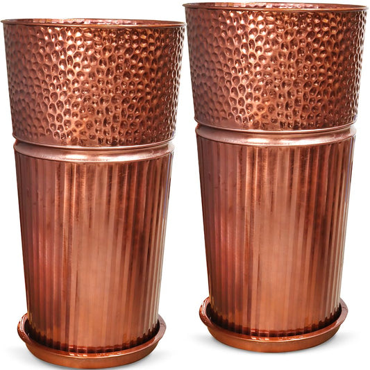 Megawodar 2 Pcs Pack Metal Tall Tapered Planter Pots Large Round Planter Flower Pot with Drainage Holes for Indoor Outdoor Deck Porch Garden Home Patio Front Door (Glossy Copper, Small)