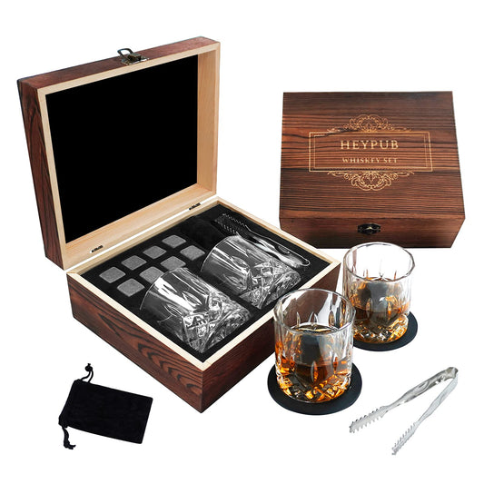 HEYPUB Whiskey Stones Gift Set,Whiskey Glasses Set 8 Granite Chilling Whisky Rocks, 2 Bourbon Glasses,Best Drinking Gifts for Men Dad Husband Birthday Anniversary Present，Plus 2 Free Coasters.
