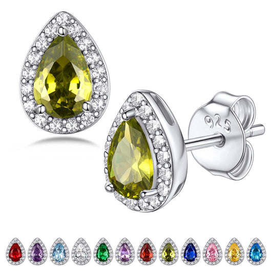 Bestyle 925 Sterling Silver Infinite Birthstone Teardrop Stud August Peridot Birthstone Earrings, Dainty Love Statement Stud Earrings, Birthday/Valentines/Christmas Gift for Women/