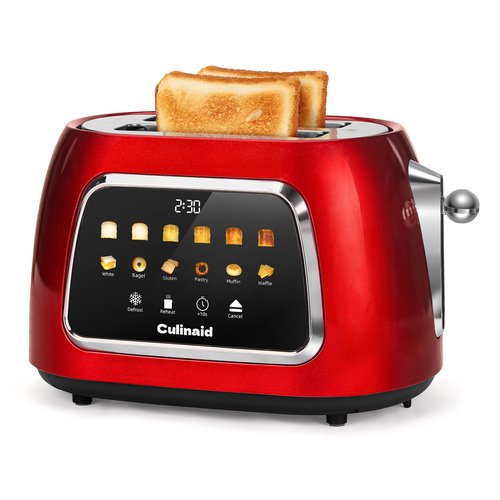 Culinaid Toaster 2 Slice Smart Touch Screen, Retro 1.5'' Extra Wide Slot Stainless Steel Digital Bread Toaster with Memory Function, Bagel, Defrost, 6 Browning Levels and Removable Crumb Tray, Red