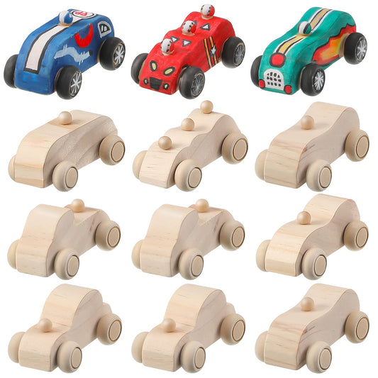 12 Pieces Wood DIY Car Toys Paintable Race Cars Unfinished Wooden Toy Painting Crafts Kit for Student Easy Woodworking Set Kid Family Activities Arts and Crafts Kit