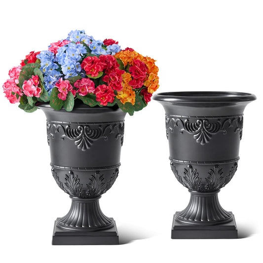 VeriNatural Classic Traditional Plastic Urn Planter, 15"x13" Flower Pots for Indoor Outdoor,Plant Pots for Porch Decor,Set of 2