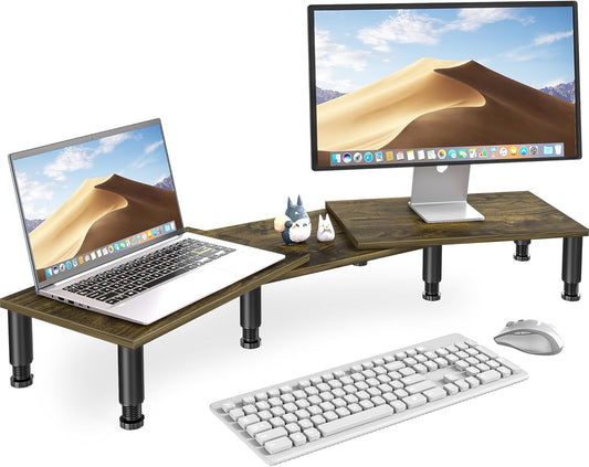 2 AX WABER Dual Monitor Stand Riser, Monitor Stand with Adjustable Length and Angle, Wood Monitor Stand for Desk