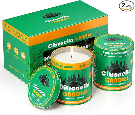 Citronella Outdoor Candles Set | 2-Pack 510g 80H Long-Lasting Burn Time | Natural Soy Wax Jar Tin Lemongrass Candle for Outside Camping,Patio,Fishing |Outdoor Candles Gift for Men&Women/Father's Day