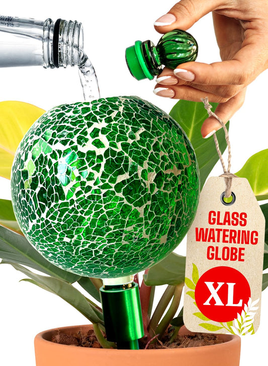 16 Oz Plant Watering Globes for Indoor Plants with Metal Self Watering Planter Insert - Premium XL Glass Hand-Blown Globe - Automatic Plant Waterer Indoor, Gift Idea for Gardeners [1 Globe, Mosaic]