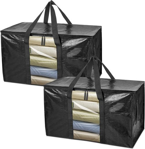BALEINE Oversized Moving Bags - Heavy-Duty Storage Totes with Reinforced Handles | Black w/Window, 2-Pack