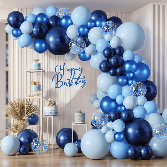 Blue Balloon Arch kit, Navy Dark Metallic Blue and Matte Light Blue Balloons Garland with Blue Confetti Latex Balloons for Birthday Wedding Anniversary Gender Reveal Party Decorations
