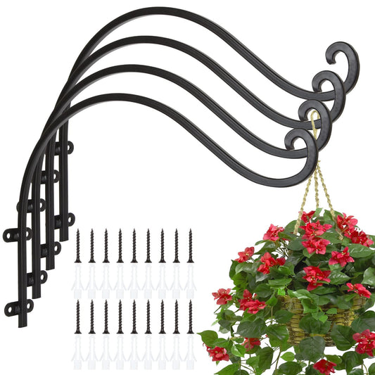 HNBun 4Pack Heavy Duty Plant Hanger, 16inch Outdoor Hanging Plant Bracket, 60lbs Bearing Capacity Metal Wall Flower Pot Hanger Hooks, Wall Hanging Hooks for Wind Chimes, Bird Feeders, Lanterns
