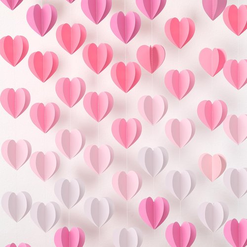 Epakh 12 Pcs Valentines 3D Heart Garland Banners 57ft Hanging Paper Heart Streamers Valentines Wall Decorations Party Decor Supplies for Galentines Wedding Classroom Birthday(Gradient Pink)
