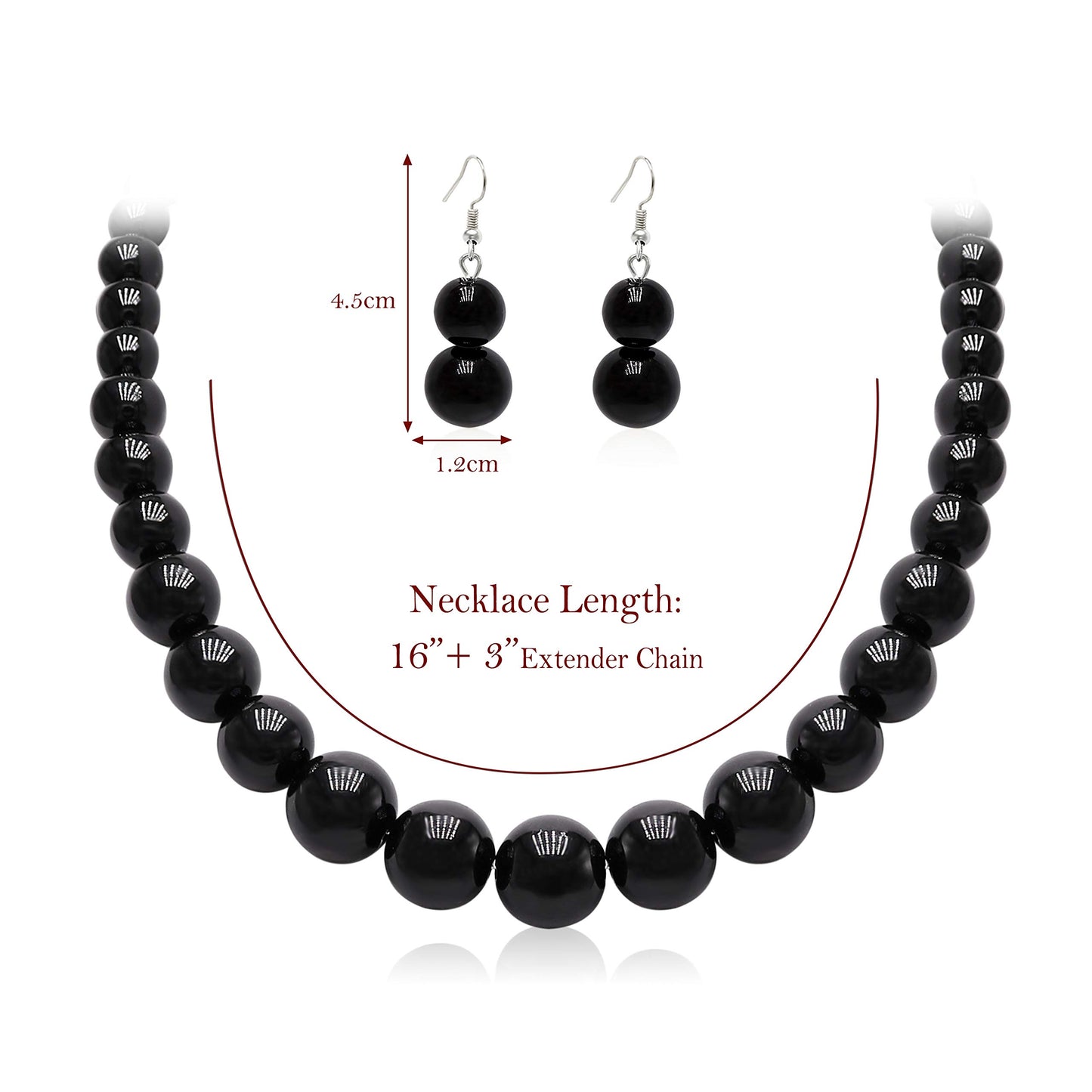 Cryshimmer Black Beads Necklace Earring Set for Women Chunky Beads Strand Statement Necklaces Costume Jewelry