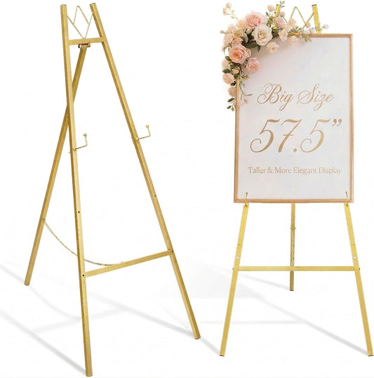 GRENTY 57.5" Gold Easel Stand for Wedding Sign, Heavy Duty Metal Display Stand, 4-Tier Height Adjustable Easel for Art, Paintings, Welcome Signs, Posters, and Décor, Simply Assembly Required