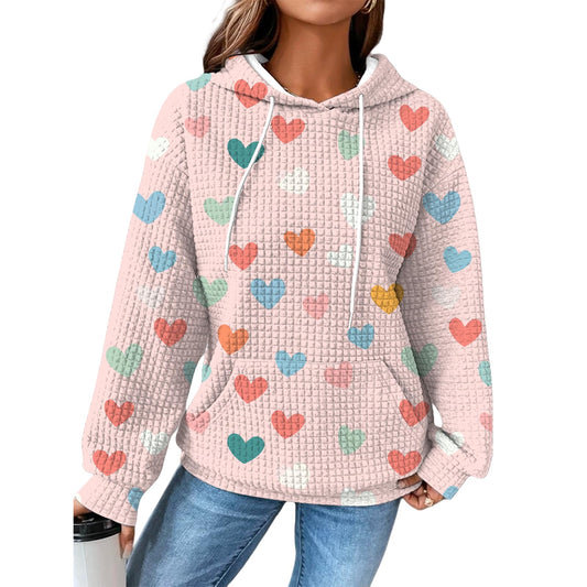 domirica Valentines Day Hoodies For Women Heart Print Waffle Pullover Oversized Long Sleeve Hooded Sweatshirts with Pockets Funny 2025 Spring Tops Fashion Trendy Casual Vintage Cute Outfits,X2L