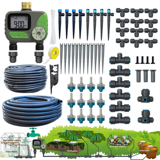 Drip Irrigation System with Water Timer(Dual System) Plug-in Quick Connection Drip Irrigation Kit 5/16“ID and 1/4 Inch Pipe Auto Watering System for Garden Spray, Greenhouse, Lawn, Potted Plants