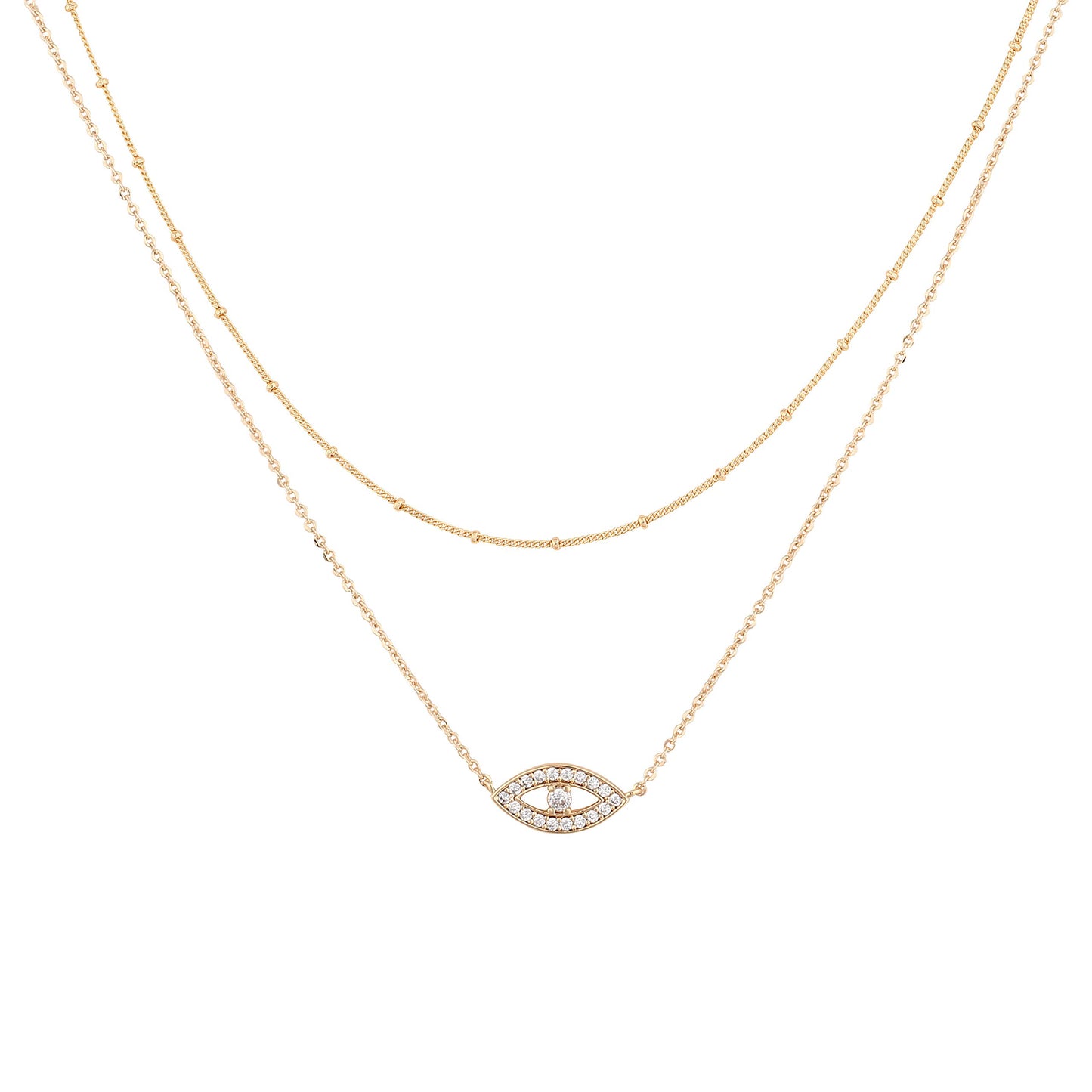 MEVECCO Gold Dainty Layered Evil Eye Necklace,18K Gold Plated Cute Delicate Tiny White Cubic Zirconia Solitire Bead Chain Necklace,Layer Minimalist Necklace for Women