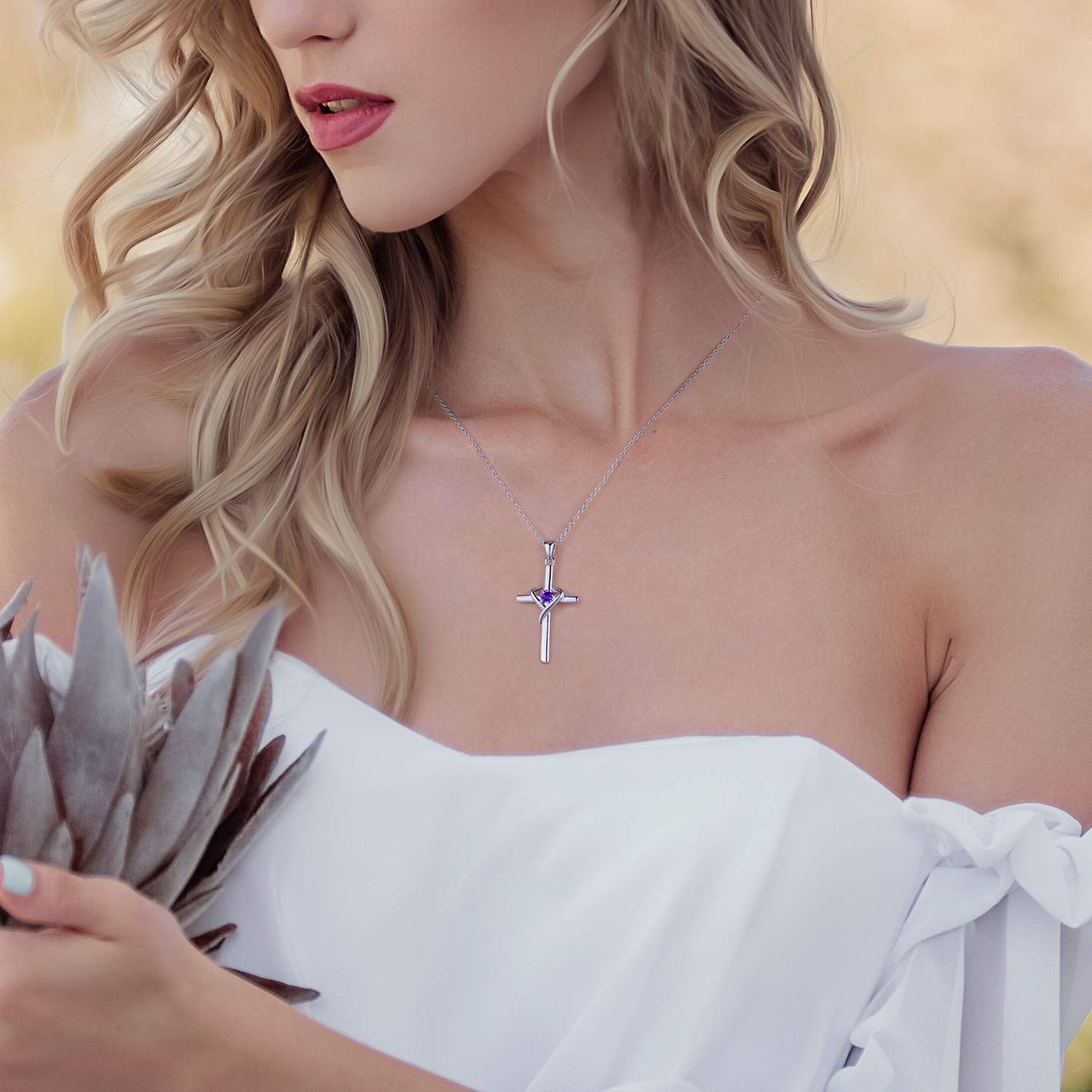 AmorAime 925 Sterling Silver Cross Necklace for Women Men 14K Gold Plated 5A CZ Birthstone Necklaces for Holiday (B.Purple-February-Amethyst)