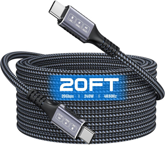 Bawanfa 20Ft, 20Gbps 240W 4K@60Hz 17, USB C to USB C Cable Data Transfer, PD Fast Charging, Video Support, Durable