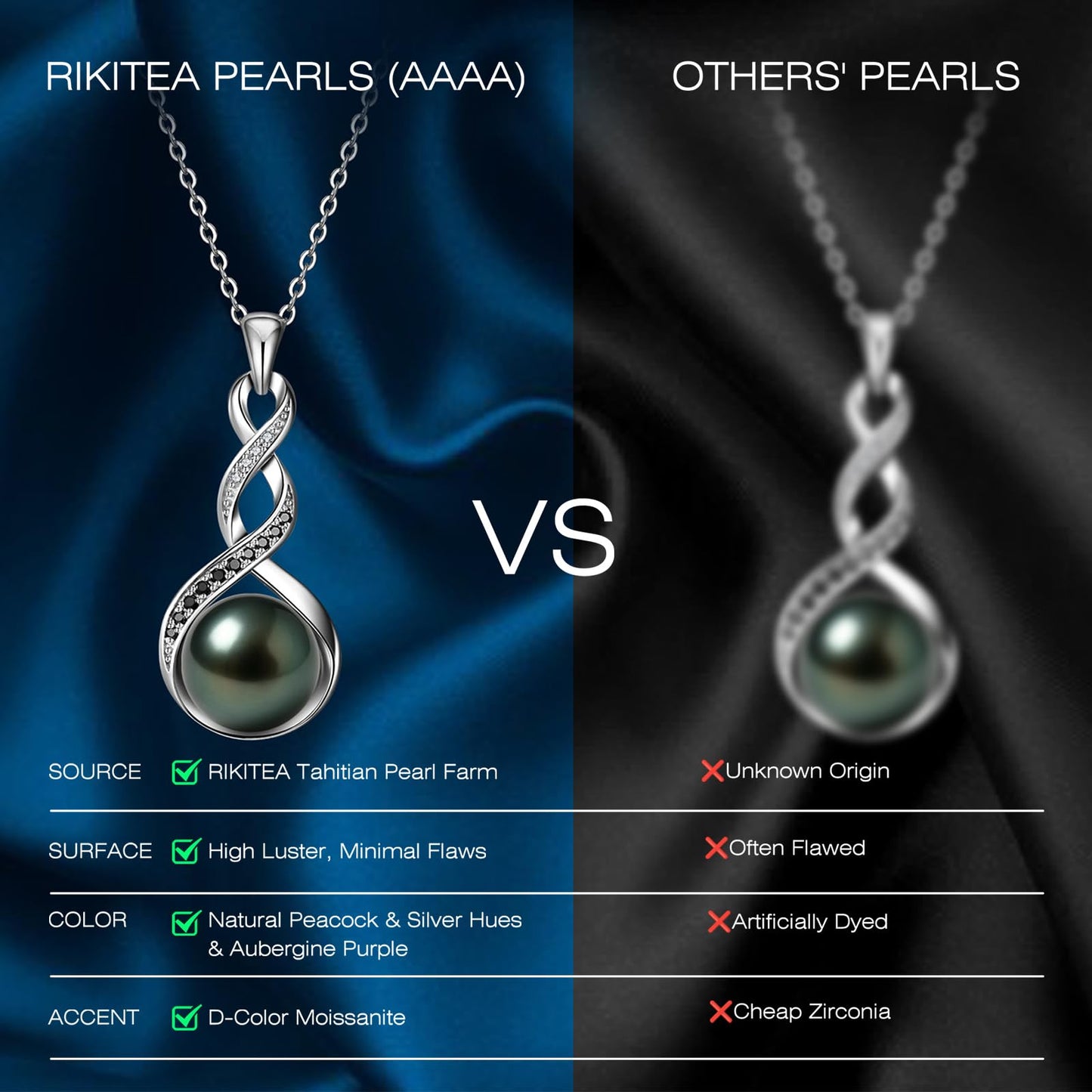 Genuine Tahitian Black Pearl Necklace - Christmas Gift for Wife Mom Daughter, Jewelry Gifts for Anniversary Wedding Birthday, 9-10mm Seawater Pearl with Sterling Silver Moissanite Infinity Pendant