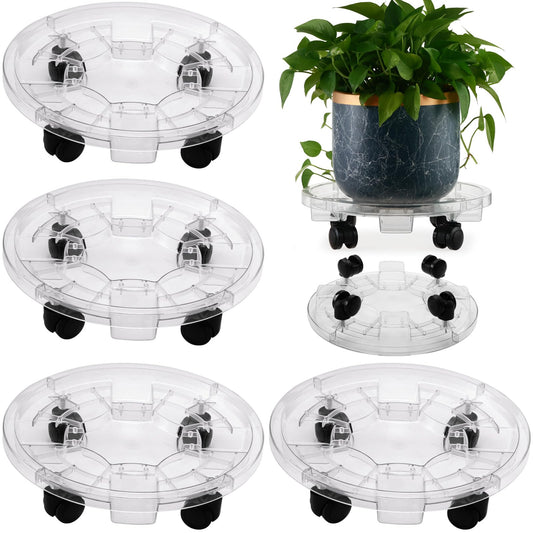 KvyusFlourish 4 Packs 13.8 Inches Large Clear Plant Caddy Plant Saucers on Wheels Rolling Plant Stands Heavy-duty Plant Dolly Plastic Planter Roller Base Pot Movers Outdoor Plant Tray Coaster