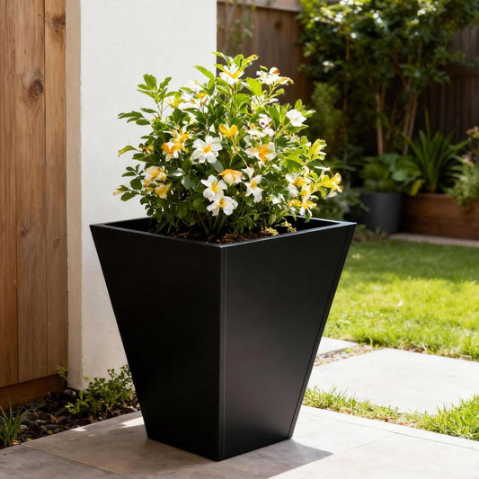 DYNAMI Black Tall Planter for Outdoor Plants,16in W Modern Large Planter Pot with Drainage Hole,Metal Square Flower Pot,for Porch,Garden, Patio, Yard (Black, 16 * 16 * 18in)